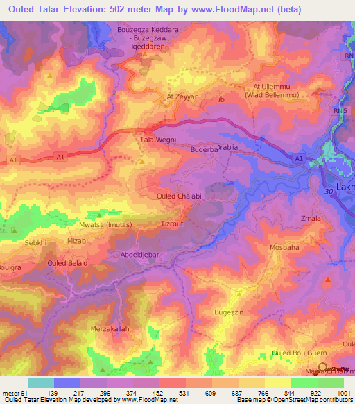 Ouled Tatar,Algeria Elevation Map