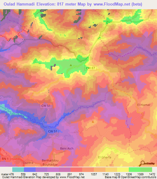 Oulad Hammadi,Algeria Elevation Map