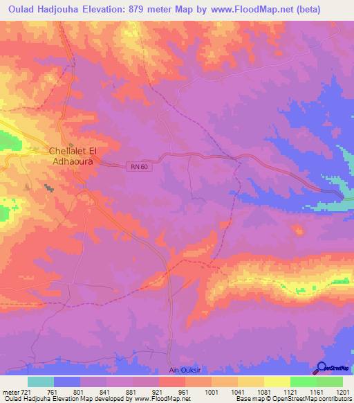 Oulad Hadjouha,Algeria Elevation Map