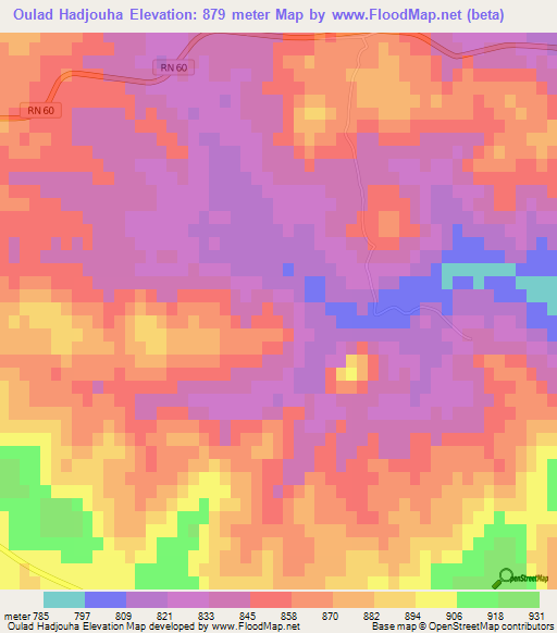 Oulad Hadjouha,Algeria Elevation Map