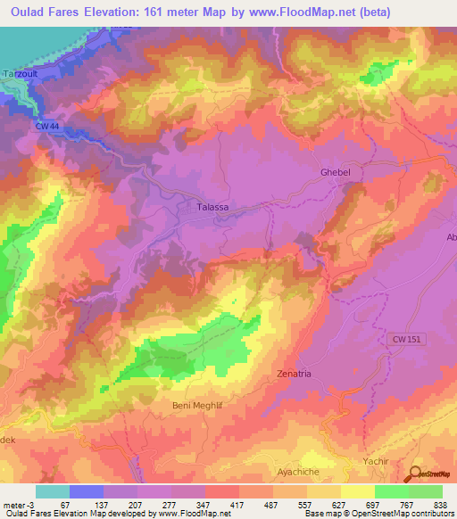Oulad Fares,Algeria Elevation Map