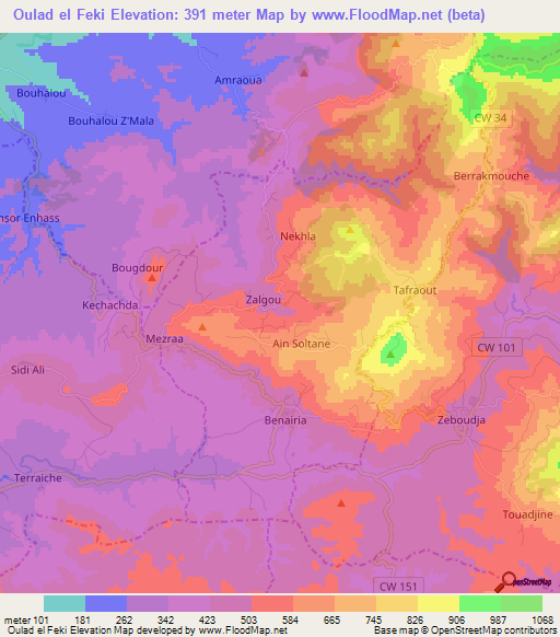 Oulad el Feki,Algeria Elevation Map