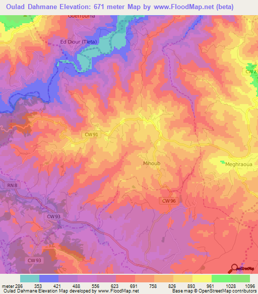 Oulad Dahmane,Algeria Elevation Map