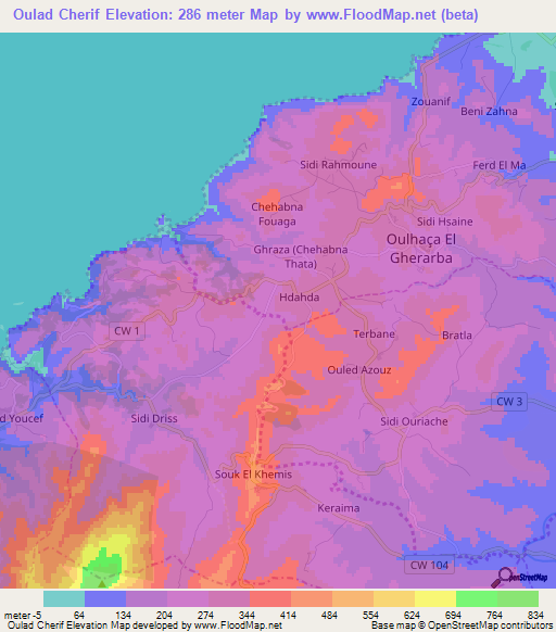 Oulad Cherif,Algeria Elevation Map
