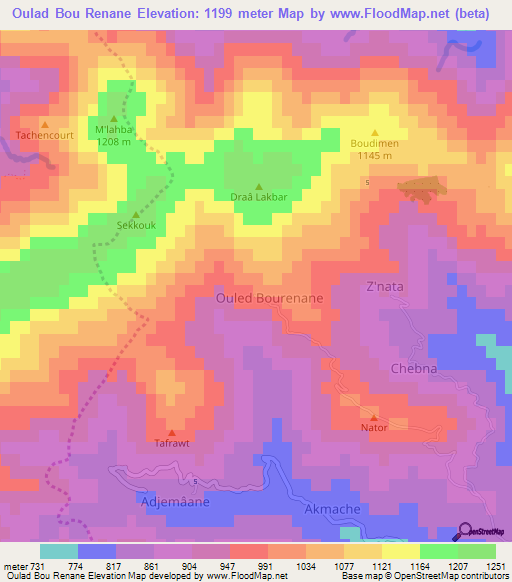 Oulad Bou Renane,Algeria Elevation Map