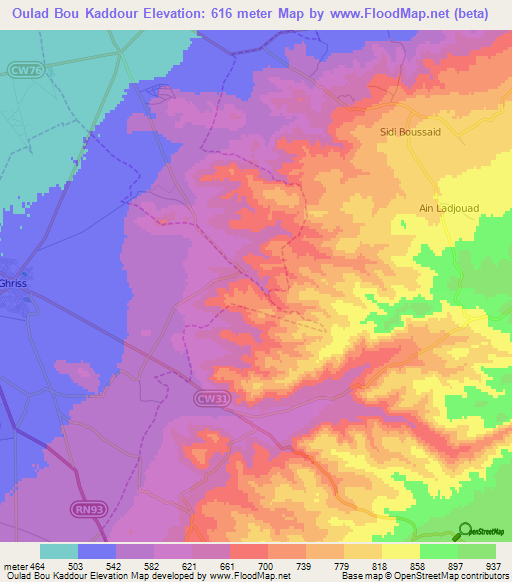 Oulad Bou Kaddour,Algeria Elevation Map