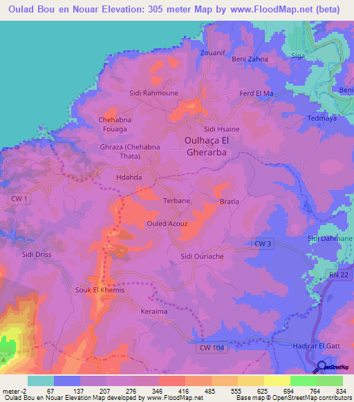 Oulad Bou en Nouar,Algeria Elevation Map
