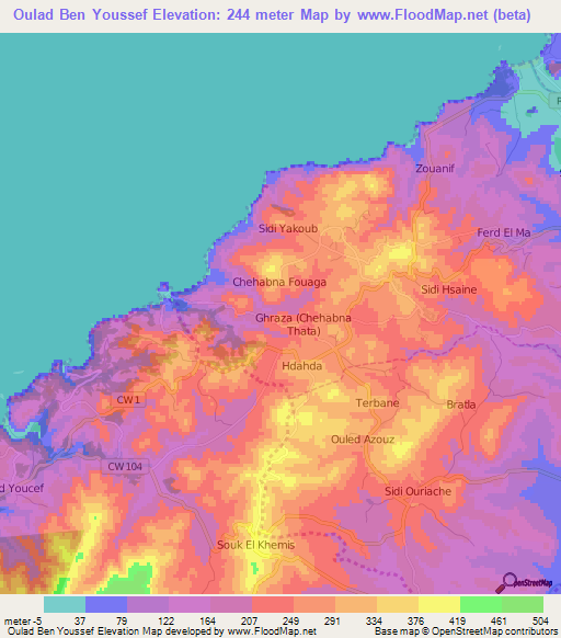 Oulad Ben Youssef,Algeria Elevation Map