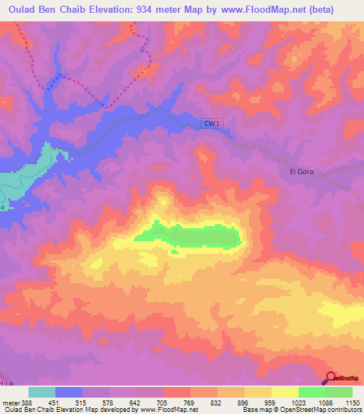 Oulad Ben Chaib,Algeria Elevation Map