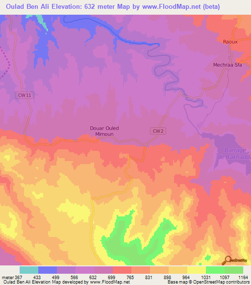 Oulad Ben Ali,Algeria Elevation Map
