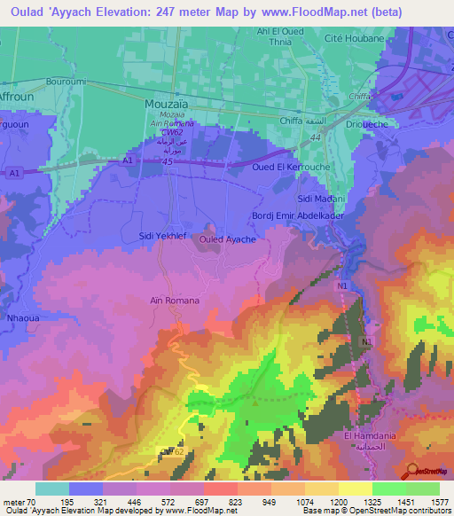 Oulad 'Ayyach,Algeria Elevation Map