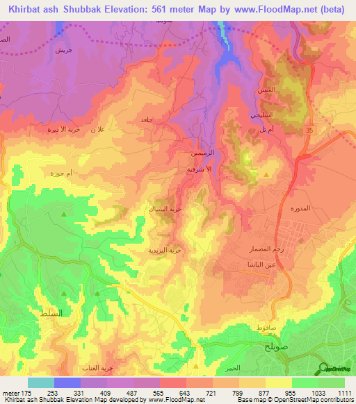 Khirbat ash Shubbak,Jordan Elevation Map