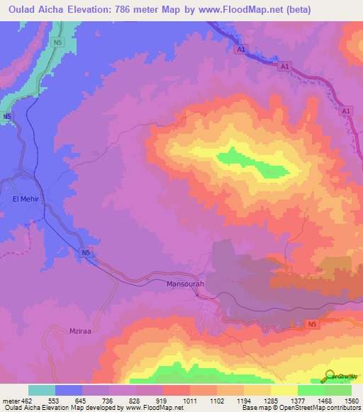 Oulad Aicha,Algeria Elevation Map