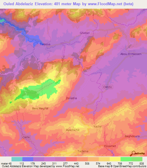 Ouled Abdelaziz,Algeria Elevation Map