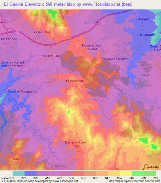 El Ouakla,Algeria Elevation Map