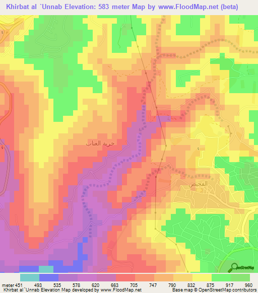 Khirbat al `Unnab,Jordan Elevation Map