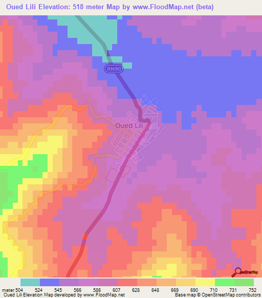 Oued Lili,Algeria Elevation Map