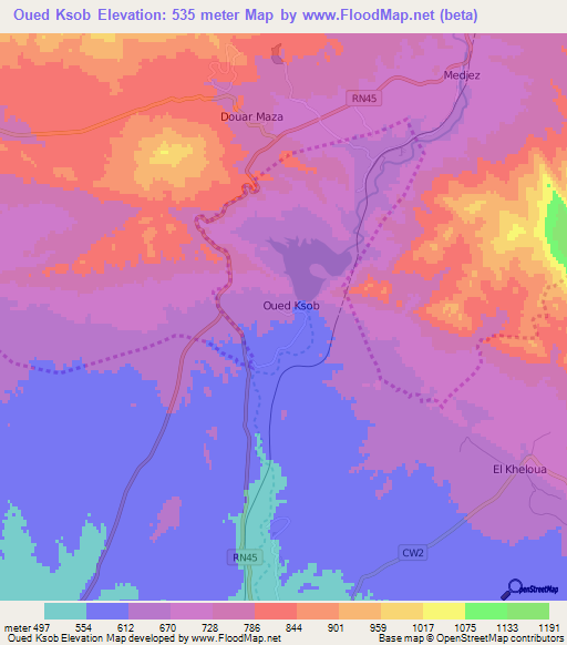 Oued Ksob,Algeria Elevation Map