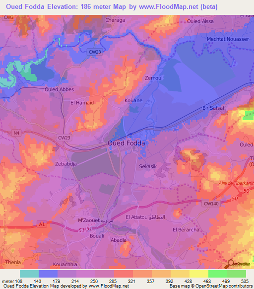 Oued Fodda,Algeria Elevation Map
