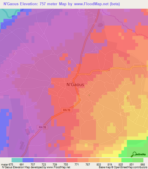 N'Gaous,Algeria Elevation Map