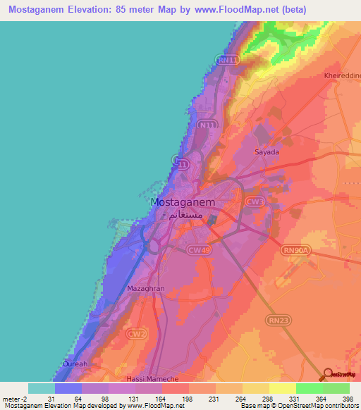 Mostaganem,Algeria Elevation Map