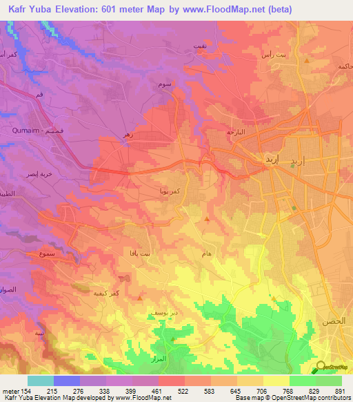 Kafr Yuba,Jordan Elevation Map
