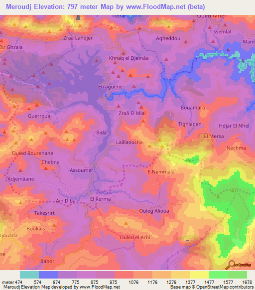 Meroudj,Algeria Elevation Map
