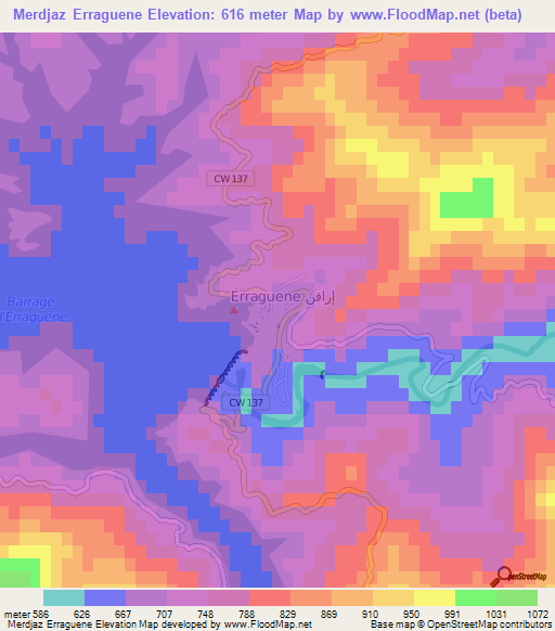 Merdjaz Erraguene,Algeria Elevation Map