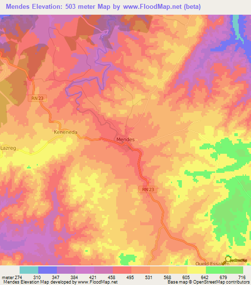 Mendes,Algeria Elevation Map