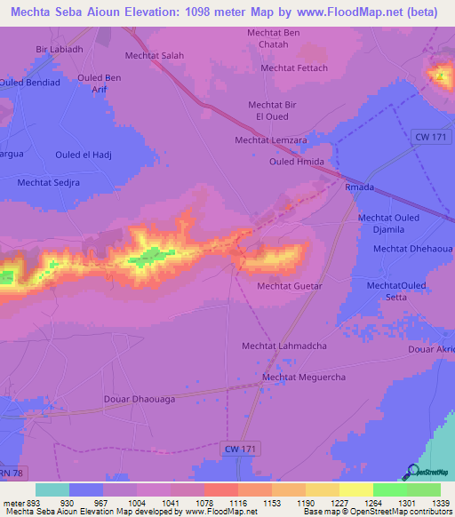 Mechta Seba Aioun,Algeria Elevation Map