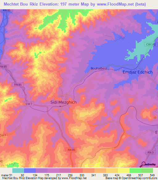 Mechtet Bou Rkiz,Algeria Elevation Map