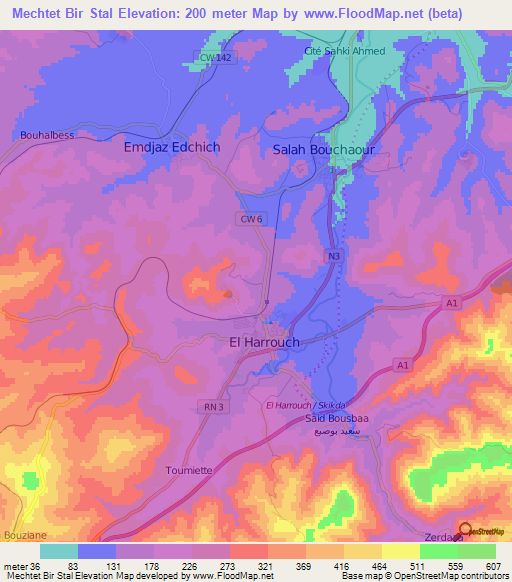 Mechtet Bir Stal,Algeria Elevation Map