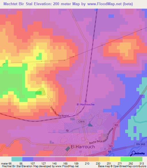 Mechtet Bir Stal,Algeria Elevation Map