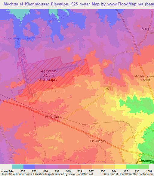 Mechtat el Khannfoussa,Algeria Elevation Map