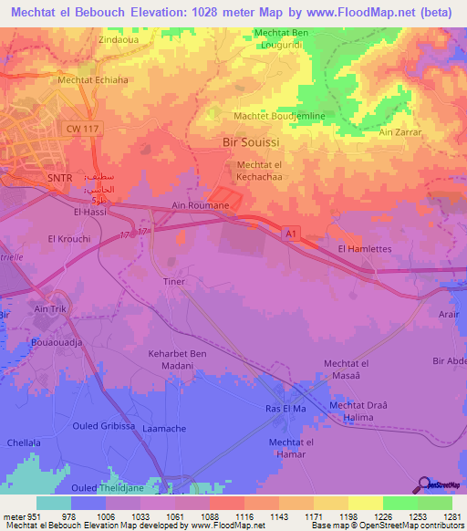 Mechtat el Bebouch,Algeria Elevation Map