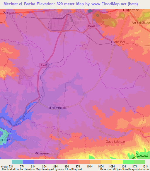 Mechtat el Bacha,Algeria Elevation Map