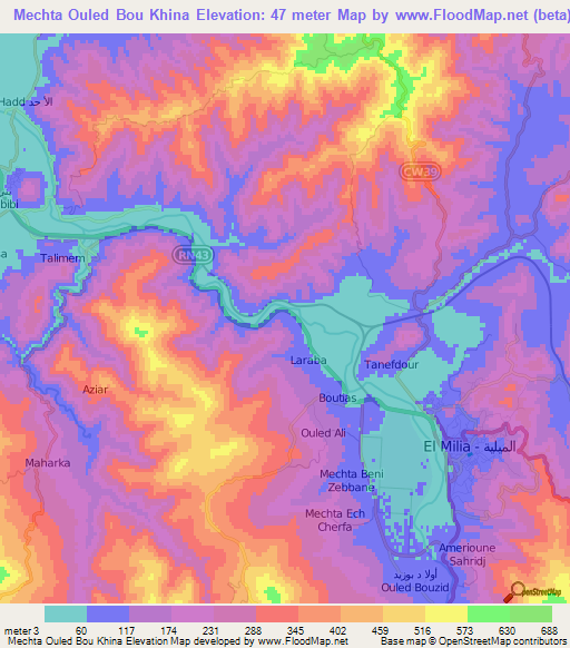 Mechta Ouled Bou Khina,Algeria Elevation Map