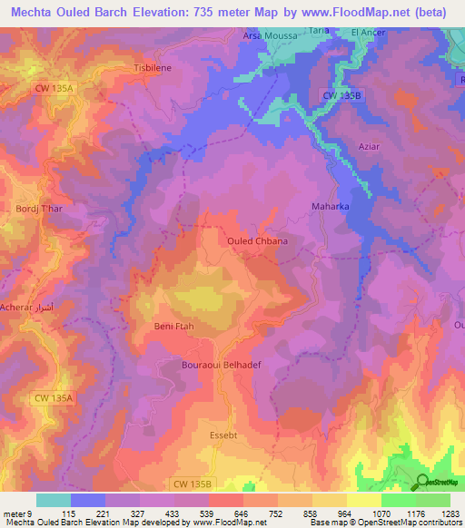 Mechta Ouled Barch,Algeria Elevation Map