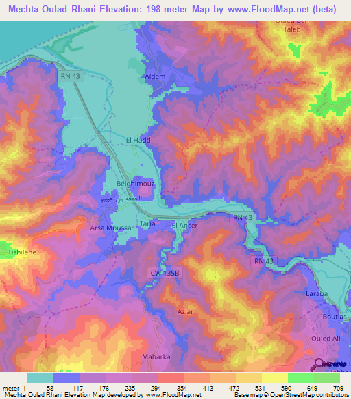 Mechta Oulad Rhani,Algeria Elevation Map