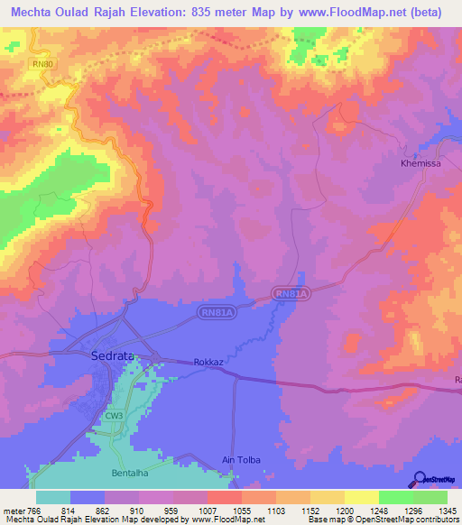 Mechta Oulad Rajah,Algeria Elevation Map