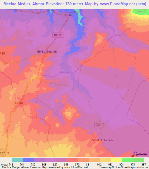 Mechta Medjez Ahmar,Algeria Elevation Map