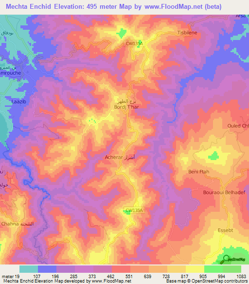 Mechta Enchid,Algeria Elevation Map