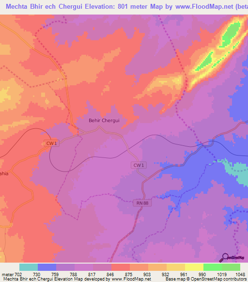 Mechta Bhir ech Chergui,Algeria Elevation Map