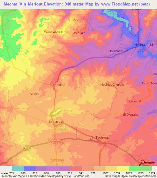 Mechta 'Ain Meriout,Algeria Elevation Map