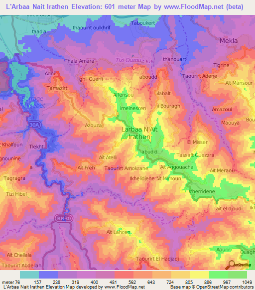 L'Arbaa Nait Irathen,Algeria Elevation Map