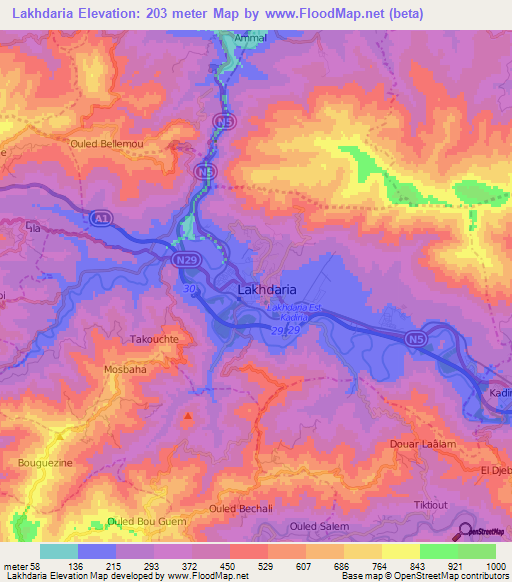 Lakhdaria,Algeria Elevation Map