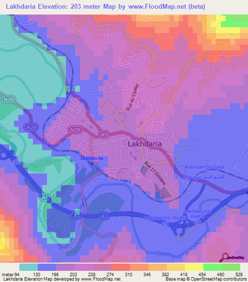 Lakhdaria,Algeria Elevation Map