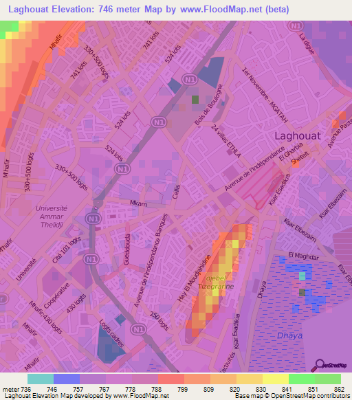 Laghouat,Algeria Elevation Map