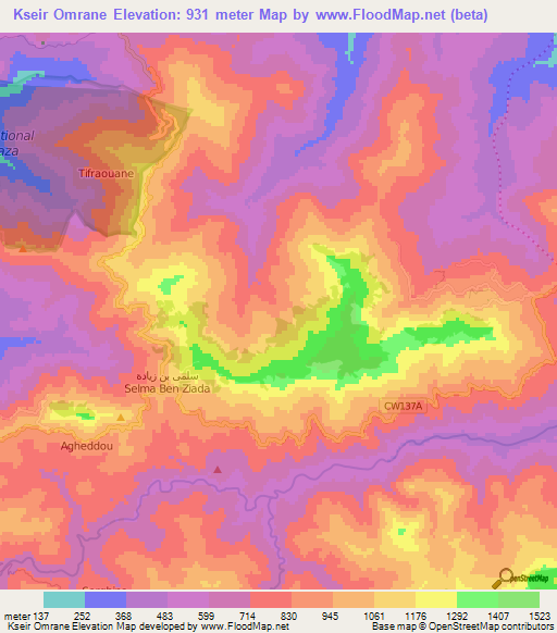 Kseir Omrane,Algeria Elevation Map
