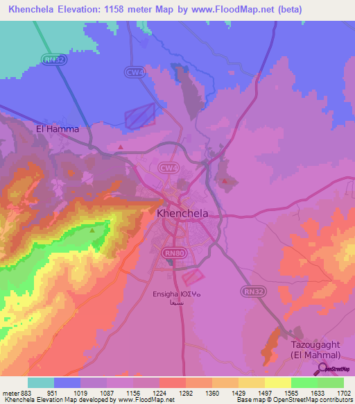 Khenchela,Algeria Elevation Map